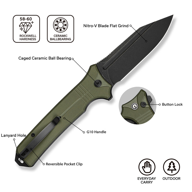 CIVIVI Neurohaptic Flipper & Button Lock Knife G10 Handle (3.74" Nitro-V Blade) C23080-3