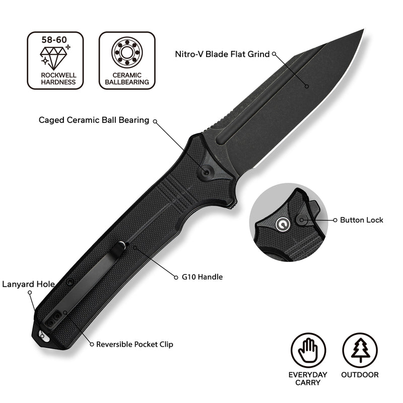 CIVIVI Neurohaptic Flipper & Button Lock Knife G10 Handle (3.74" Nitro-V Blade) C23080-1