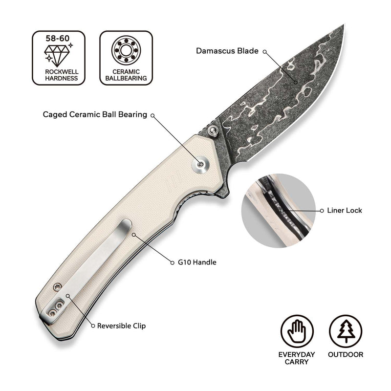 CIVIVI Merit Flipper & Thumb Stud Knife G10 Handle (3.28" Damascus Blade) C24012-DS1