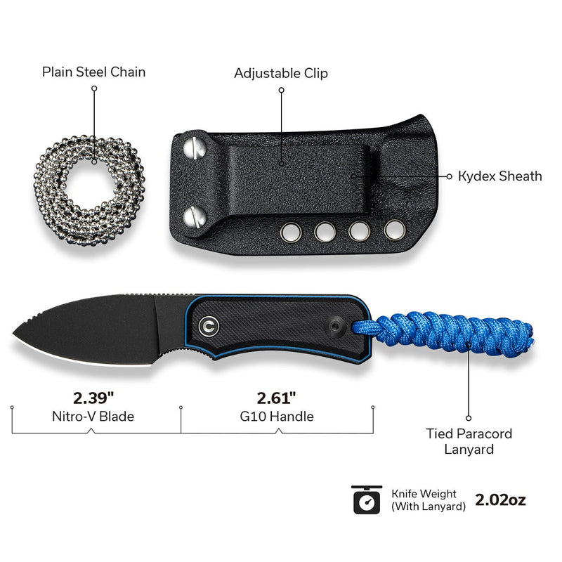 CIVIVI Baby Banter Fixed Blade Knife Black / Blue G10 Handle (2.39" Black Stonewashed Nitro - V Blade) C23045 - 1, With 1PC Blue Lanyard, Plain Bead Chain, Black Kydex Sheath & Clip