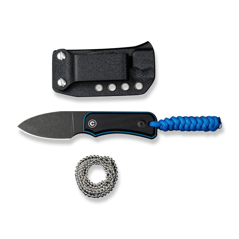 CIVIVI Baby Banter Fixed Blade Knife Black / Blue G10 Handle (2.39" Black Stonewashed Nitro - V Blade) C23045 - 1, With 1PC Blue Lanyard, Plain Bead Chain, Black Kydex Sheath & Clip