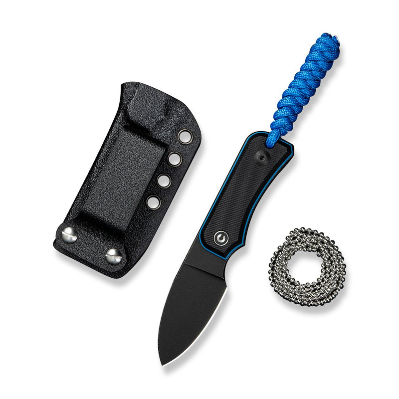 CIVIVI Baby Banter Fixed Blade Knife Black / Blue G10 Handle (2.39" Black Stonewashed Nitro - V Blade) C23045 - 1, With 1PC Blue Lanyard, Plain Bead Chain, Black Kydex Sheath & Clip