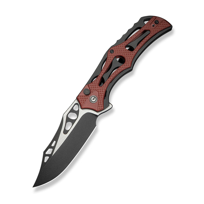 CIVIVI Biophase Flipper & Button Lock Knife Black Aluminum With Burgundy Coarse G10 Handle (3.48" Black Stonewashed Nitro - V Blade, Satin Flat) C23083C - 1