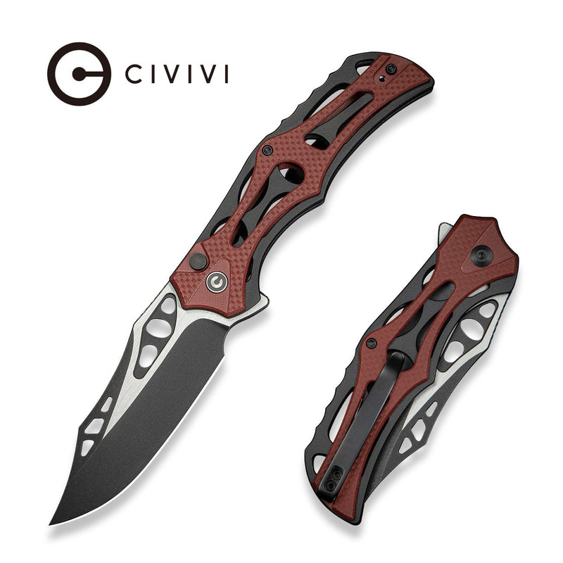 CIVIVI Biophase Flipper & Button Lock Knife Black Aluminum With Burgundy Coarse G10 Handle (3.48" Black Stonewashed Nitro - V Blade, Satin Flat) C23083C - 1