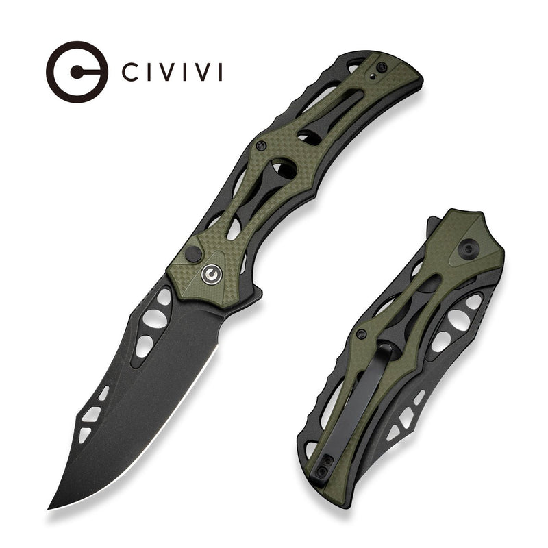 CIVIVI Biophase Flipper & Button Lock Knife Black Aluminum With OD Green Coarse G10 Handle (3.48" Black Stonewashed Nitro - V Blade) C23083C - 2