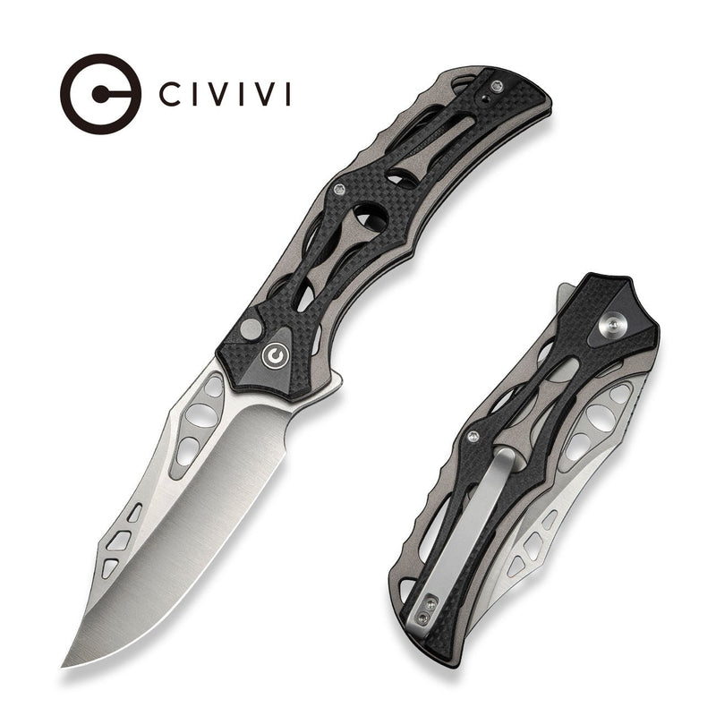 CIVIVI Biophase Flipper & Button Lock Knife Gray Aluminum With Black Coarse G10 Handle (3.48" Satin Finished Nitro - V Blade) C23083C - 3