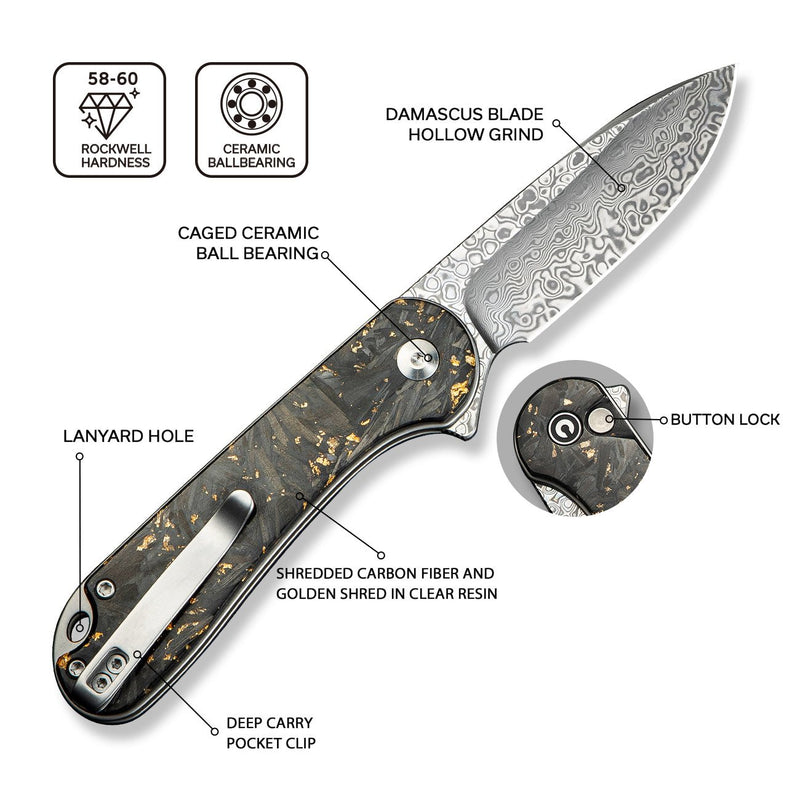 CIVIVI Button Lock Elementum II Flipper Knife Carbon Fiber & Resin Handle (2.96" Damascus Blade) C18062P - 10