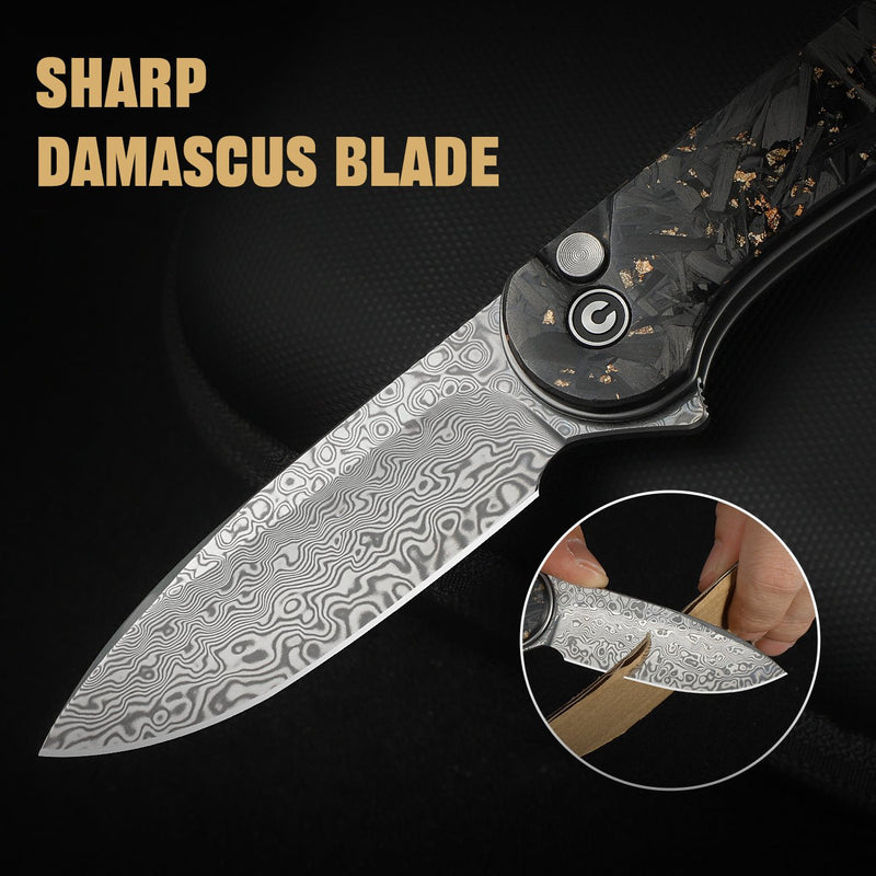 CIVIVI Button Lock Elementum II Flipper Knife Carbon Fiber & Resin Handle (2.96" Damascus Blade) C18062P - 10