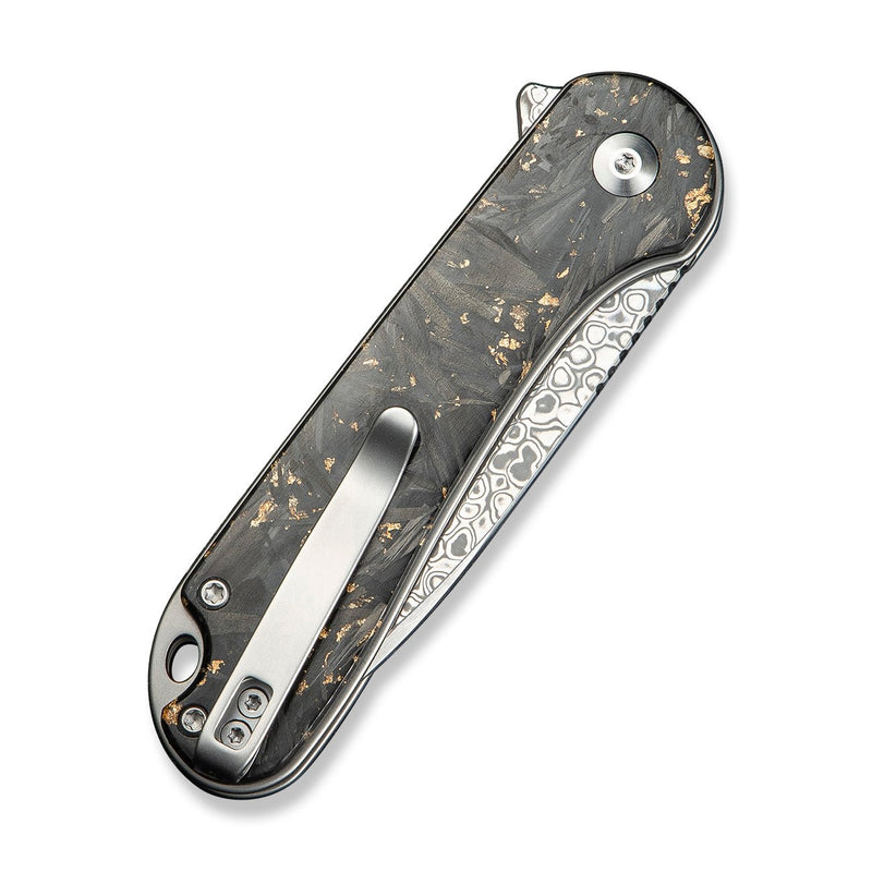 CIVIVI Button Lock Elementum II Flipper Knife Shredded Carbon Fiber And Golden Shred In Clear Resin Handle (2.96" Damascus Blade) C18062P - 10