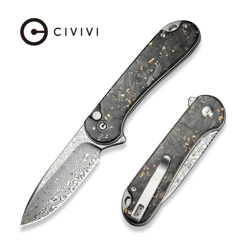 CIVIVI Button Lock Elementum II Flipper Knife Shredded Carbon Fiber And Golden Shred In Clear Resin Handle (2.96" Damascus Blade) C18062P - 10