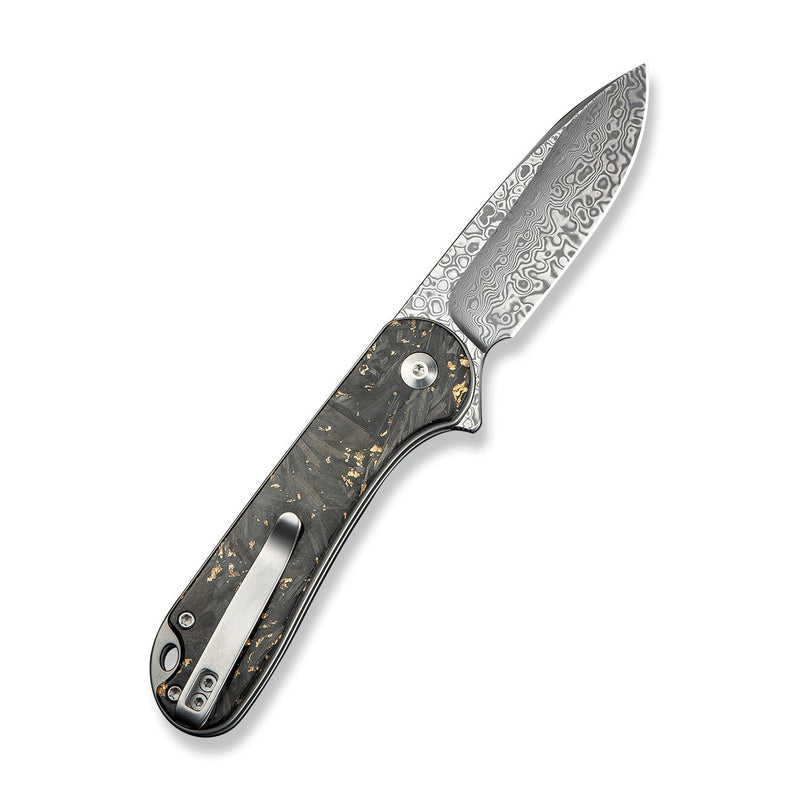 CIVIVI Button Lock Elementum II Flipper Knife Shredded Carbon Fiber And Golden Shred In Clear Resin Handle (2.96" Damascus Blade) C18062P - 10