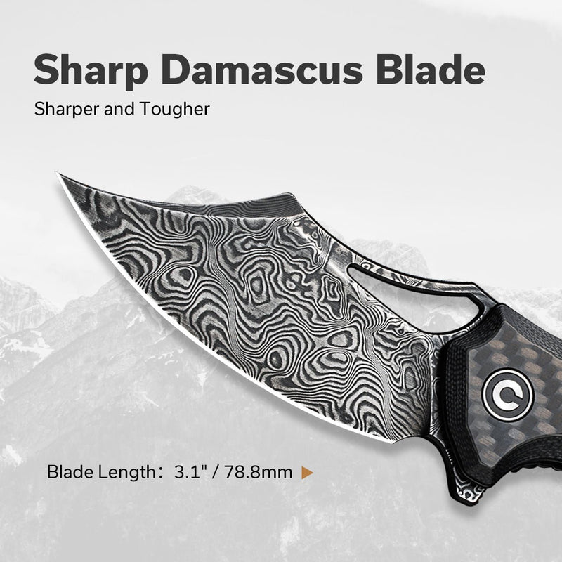 CIVIVI Chiro Flipper & Thumb Hole Knife Carbon Fiber & G10 Handle (3.1" Damascus Blade) C23046 - DS1