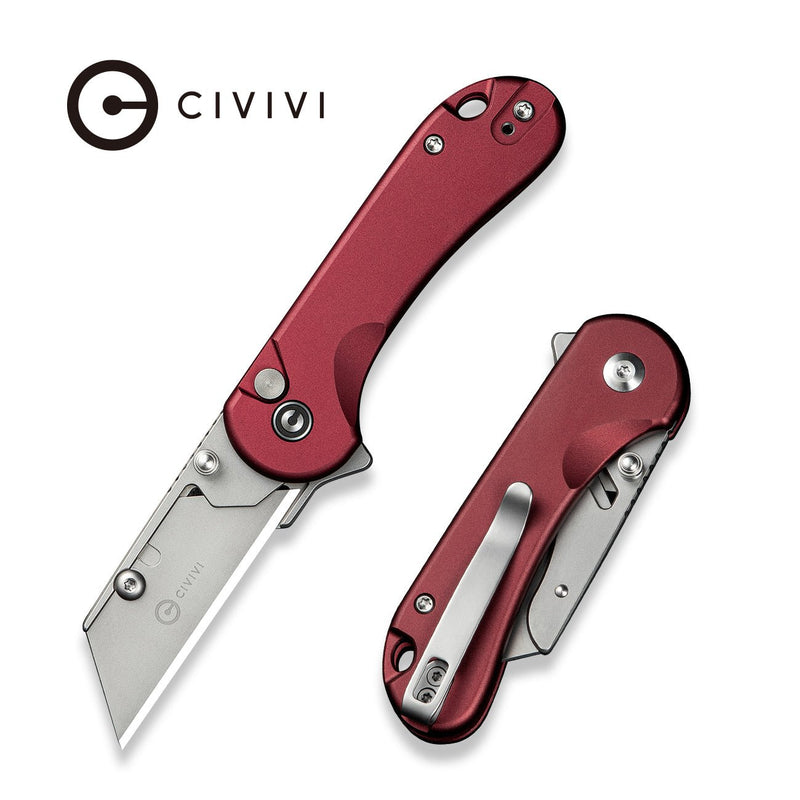 CIVIVI Elementum Utility Thumb Stud & Button Lock Knife Burgundy Aluminum Handle (2.26" Stonewashed S/S Blade Holder Plain 6Cr Blade) C23039B - 5, With 3Pcs Extra Blades