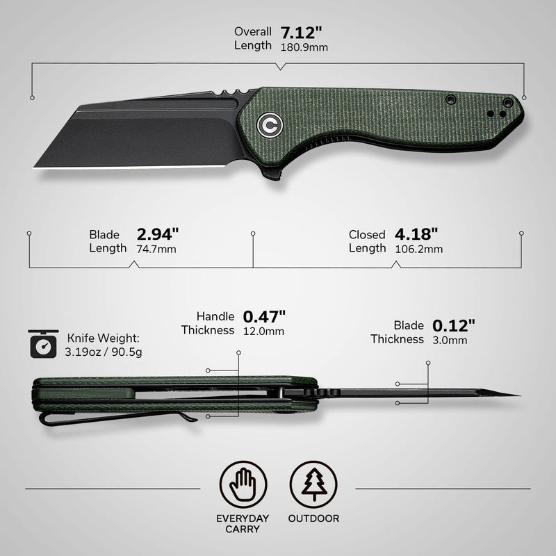 CIVIVI ExOne Flipper Knife Green Canvas Micarta Handle (2.94" Black Stonewashed Nitro-V Blade) C23036-3