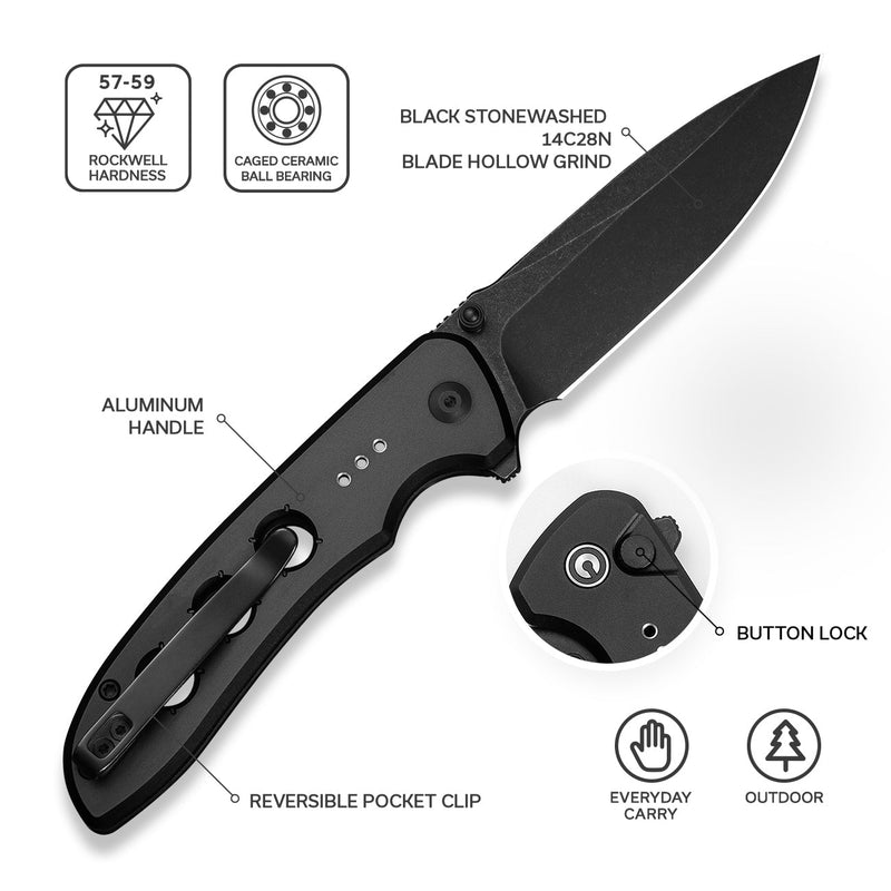 CIVIVI Hyperpulse Flipper & Thumb Stud & Button Lock Knife Black Aluminum Handle (3.5" Black Stonewashed 14C28N Blade) C23087A - 1