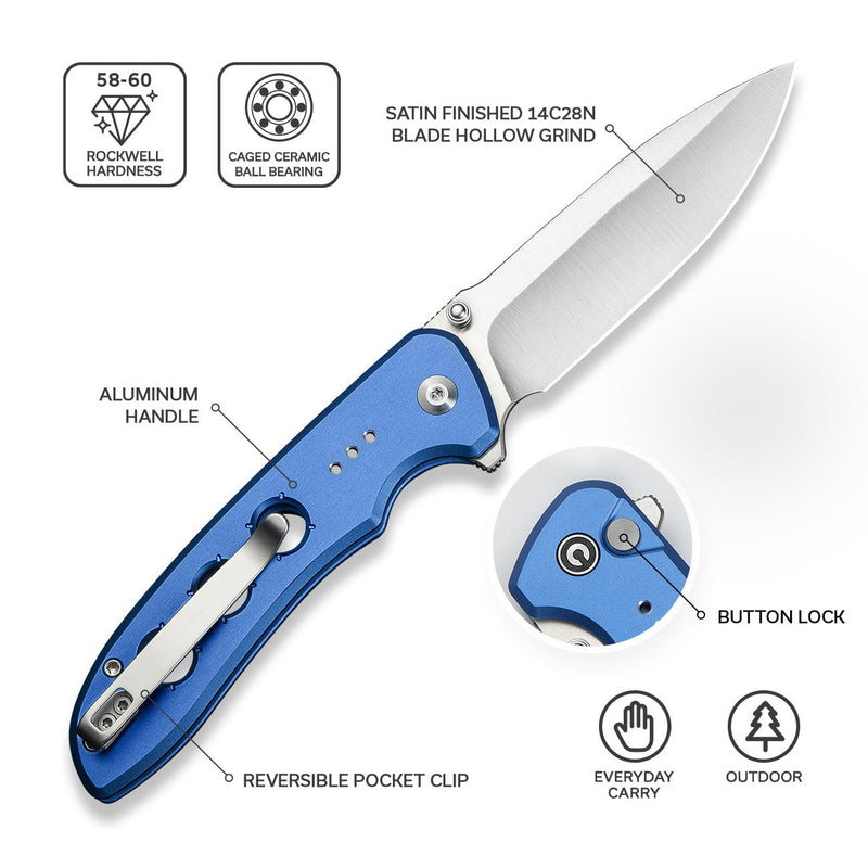 CIVIVI Hyperpulse Flipper & Thumb Stud & Button Lock Knife Blue Aluminum Handle (3.5" Satin Finished 14C28N Blade) C23087A - 2