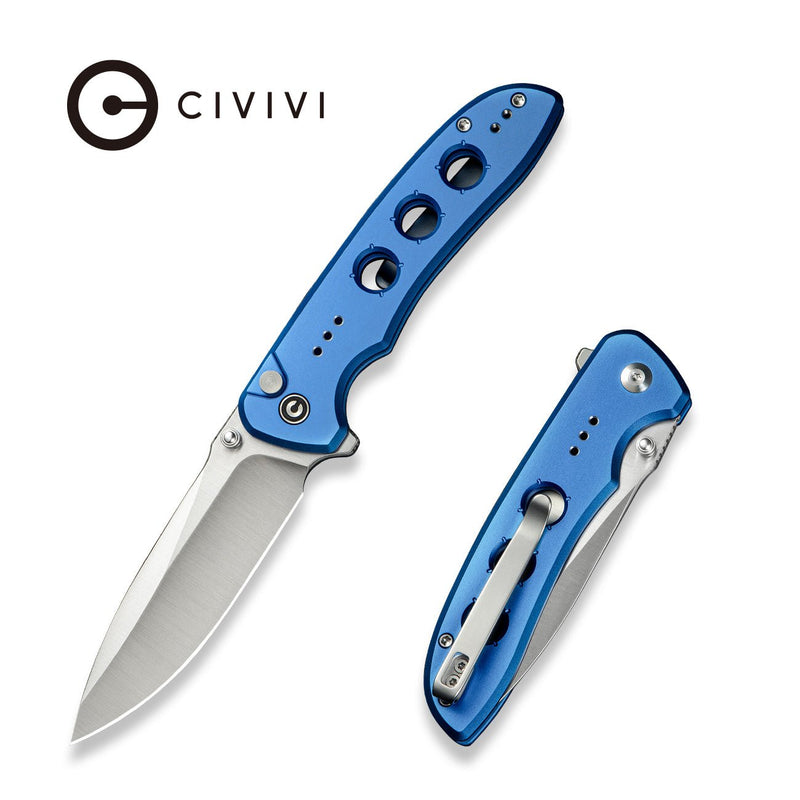 CIVIVI Hyperpulse Flipper & Thumb Stud & Button Lock Knife Blue Aluminum Handle (3.5" Satin Finished 14C28N Blade) C23087A - 2