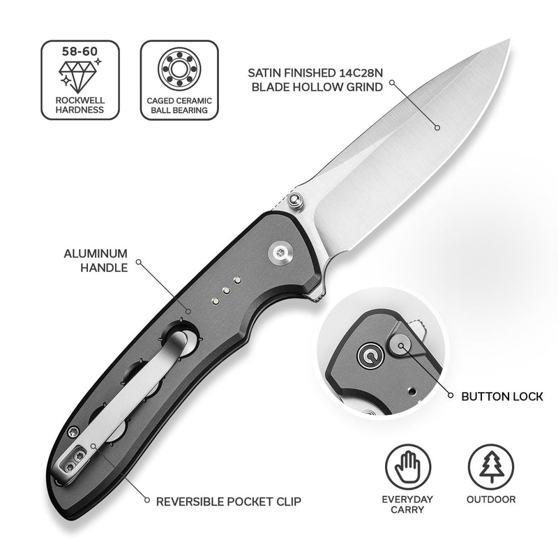 CIVIVI Hyperpulse Flipper & Thumb Stud & Button Lock Knife Gray Aluminum Handle (3.5" Satin Finished 14C28N Blade) C23087A - 3