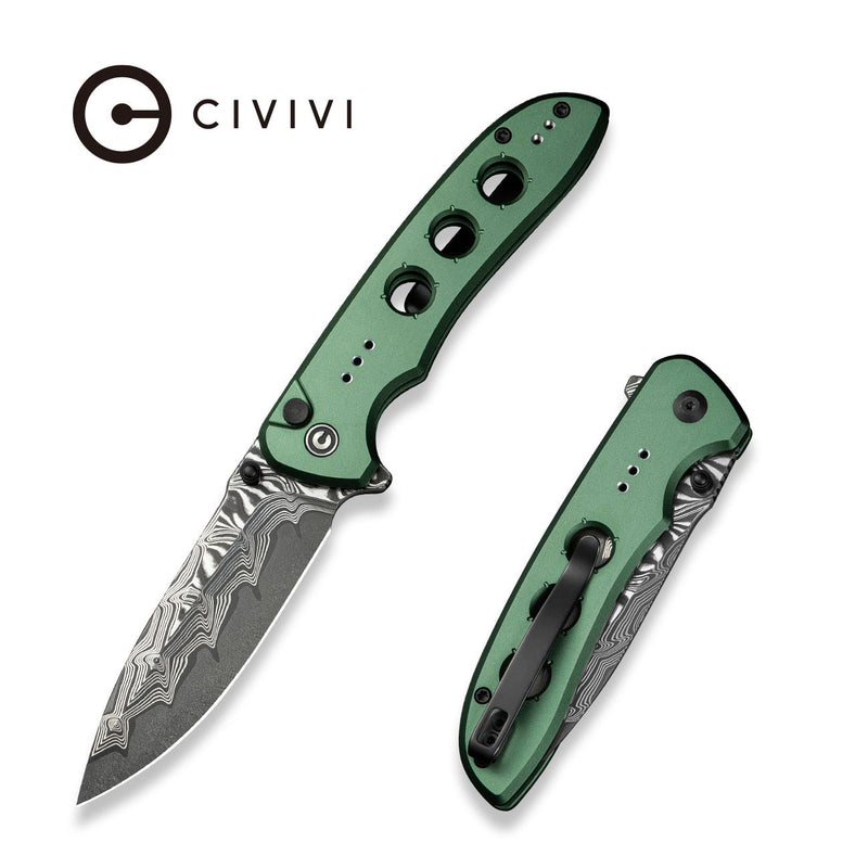 CIVIVI Hyperpulse Flipper & Thumb Stud & Button Lock Knife Green Aluminum Handle (3.5" Damascus Blade) C23087A - DS1