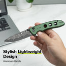 CIVIVI Hyperpulse Flipper & Thumb Stud & Button Lock Knife Green Aluminum Handle (3.5" Damascus Blade) C23087A - DS1