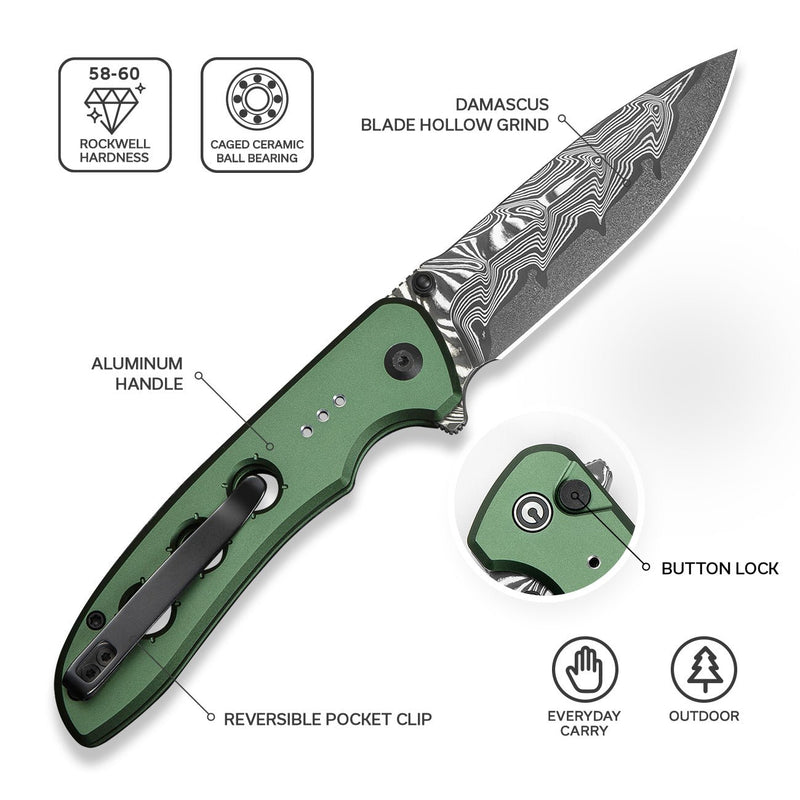 CIVIVI Hyperpulse Flipper & Thumb Stud & Button Lock Knife Green Aluminum Handle (3.5" Damascus Blade) C23087A - DS1