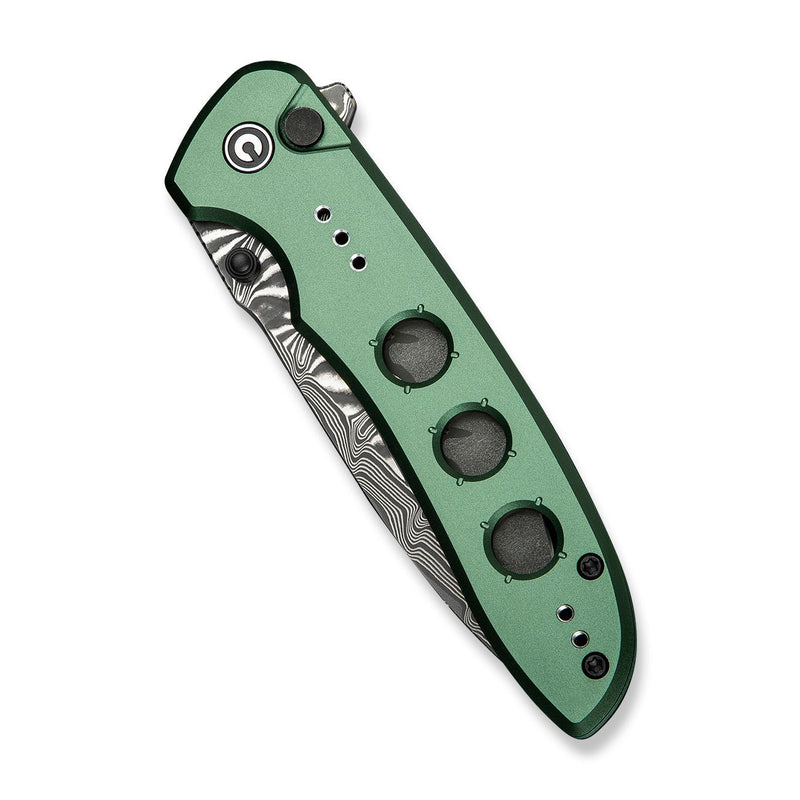 CIVIVI Hyperpulse Flipper & Thumb Stud & Button Lock Knife Green Aluminum Handle (3.5" Damascus Blade) C23087A - DS1