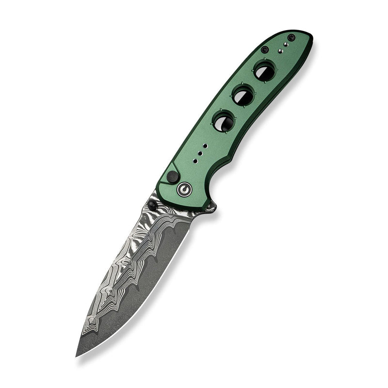 CIVIVI Hyperpulse Flipper & Thumb Stud & Button Lock Knife Green Aluminum Handle (3.5" Damascus Blade) C23087A - DS1