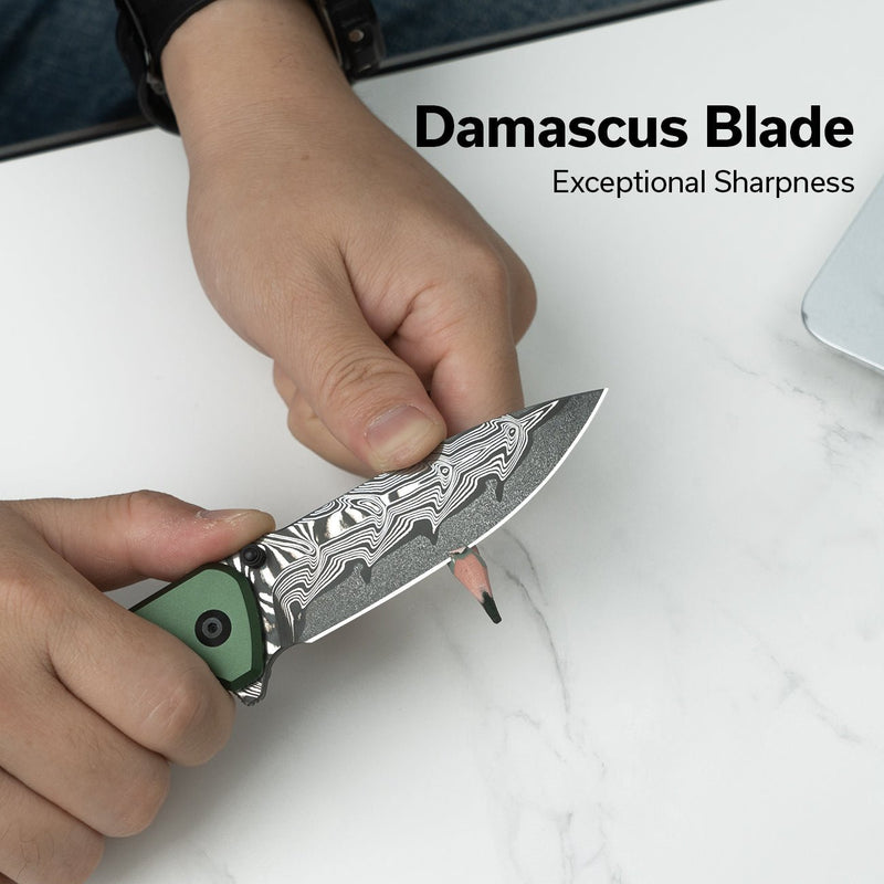 CIVIVI Hyperpulse Flipper & Thumb Stud & Button Lock Knife Green Aluminum Handle (3.5" Damascus Blade) C23087A - DS1