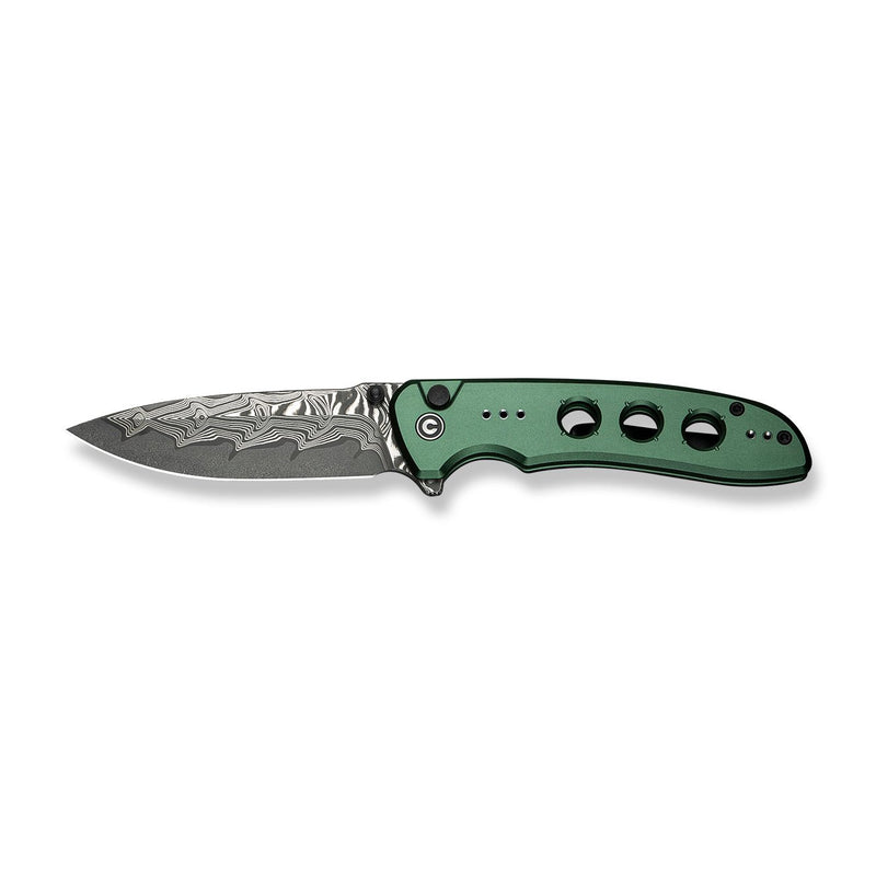 CIVIVI Hyperpulse Flipper & Thumb Stud & Button Lock Knife Green Aluminum Handle (3.5" Damascus Blade) C23087A - DS1