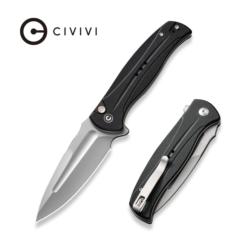 CIVIVI Incindie Flipper & Button Lock Knife Black G10 Handle (3.48" Stonewashed 14C28N Blade) C23053 - 3