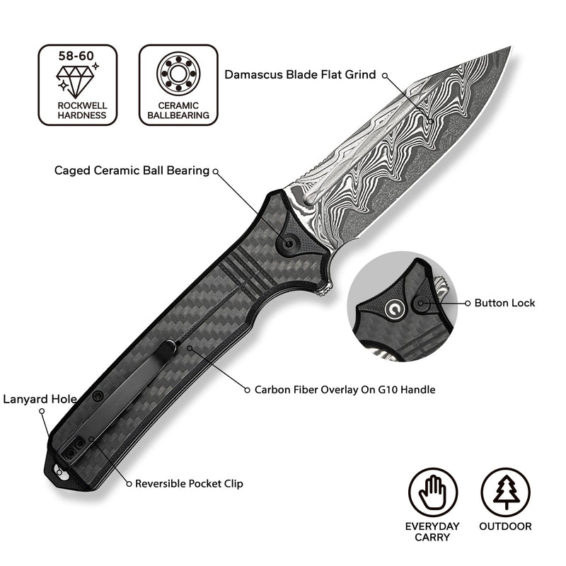 CIVIVI Neurohaptic Flipper & Button Lock Knife Carbon Fiber & G10 Handle (3.74" Damascus Blade) C23080 - DS1