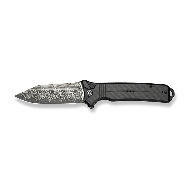 CIVIVI Neurohaptic Flipper & Button Lock Knife Carbon Fiber Overlay On Black G10 Handle (3.74" Damascus Blade) C23080 - DS1