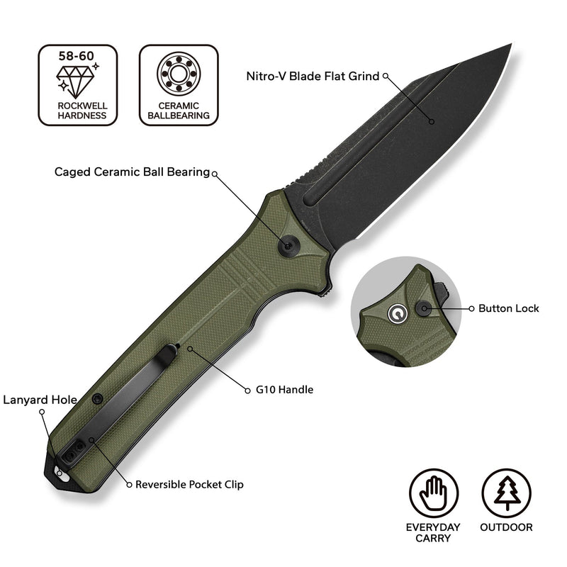 CIVIVI Neurohaptic Flipper & Button Lock Knife G10 Handle (3.74" Nitro - V Blade) C23080 - 3