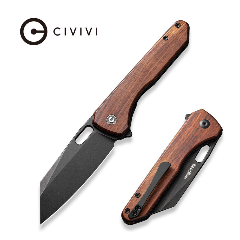 CIVIVI Nugz Flipper & Thumb Hole Knife Guibourtia Wood Handle (3.17" Black Stonewashed 14C28N Blade) C23060 - 3