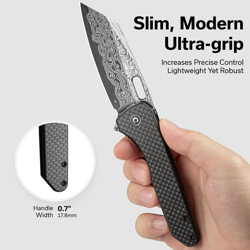 CIVIVI Nugz Flipper & Thumb Hole Knife Twill Carbon Fiber Overlay On Black G10 Handle (3.17" Damascus Blade) C23060 - DS1