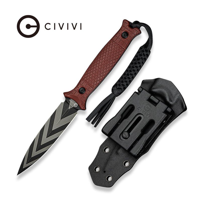 CIVIVI Perfrico Fixed Blade Knife Milled Burgundy G10 Handle (4.49" Black / Gray Striped 14C28N Blade) C23026 - 3, With 1PC Black Lanyard, Black Kydex Sheath & T - Clip