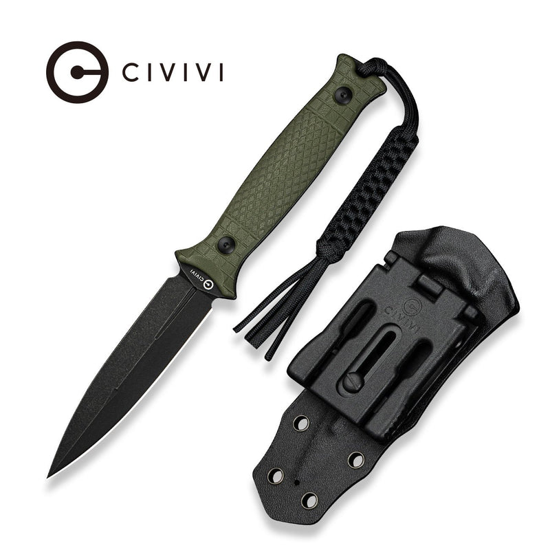 CIVIVI Perfrico Fixed Blade Knife Milled OD Green G10 Handle (4.49" Black Stonewashed 14C28N Blade) C23026 - 2, With 1PC Black Lanyard, Black Kydex Sheath & T - Clip