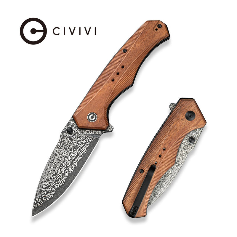 CIVIVI Photonix Flipper & Thumb Stud Knife Guibourtia Wood Handle (3.7" Damascus Blade) C23081B - DS1