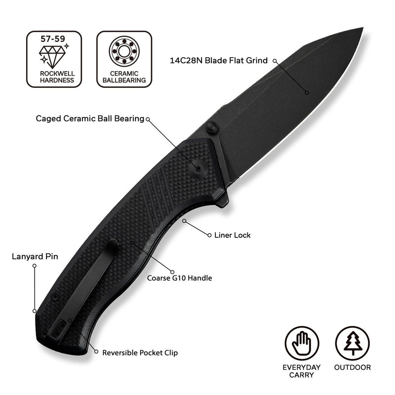 CIVIVI Placoid Flipper & Thumb Stud Knife Black Coarse G10 Handle (3.67" Black Stonewashed 14C28N Blade) C23079 - 1