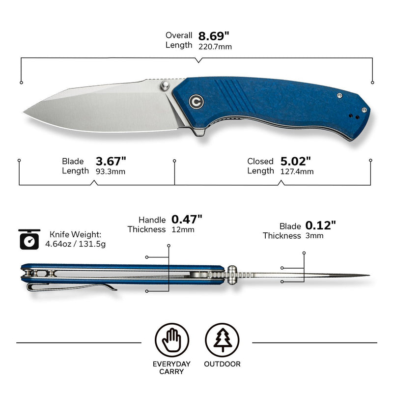 CIVIVI Placoid Flipper & Thumb Stud Knife Blue Shredded G10 Handle (3.67" Satin Finished 14C28N Blade) C23079 - 2