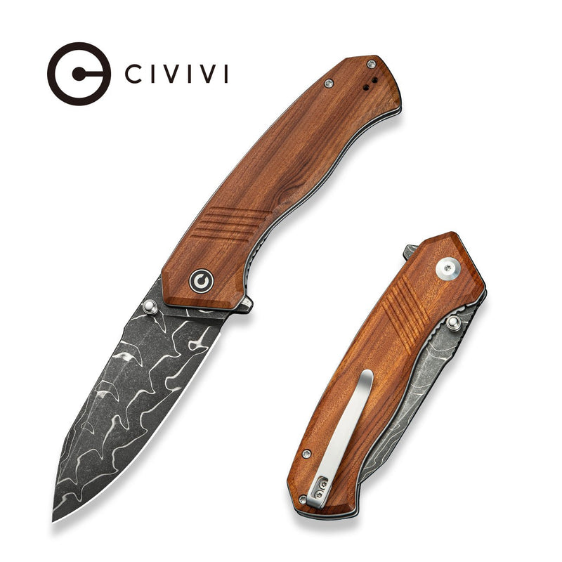 CIVIVI Placoid Flipper & Thumb Stud Knife Guibourtia Wood Handle (3.67" Damascus Blade) C23079 - DS1