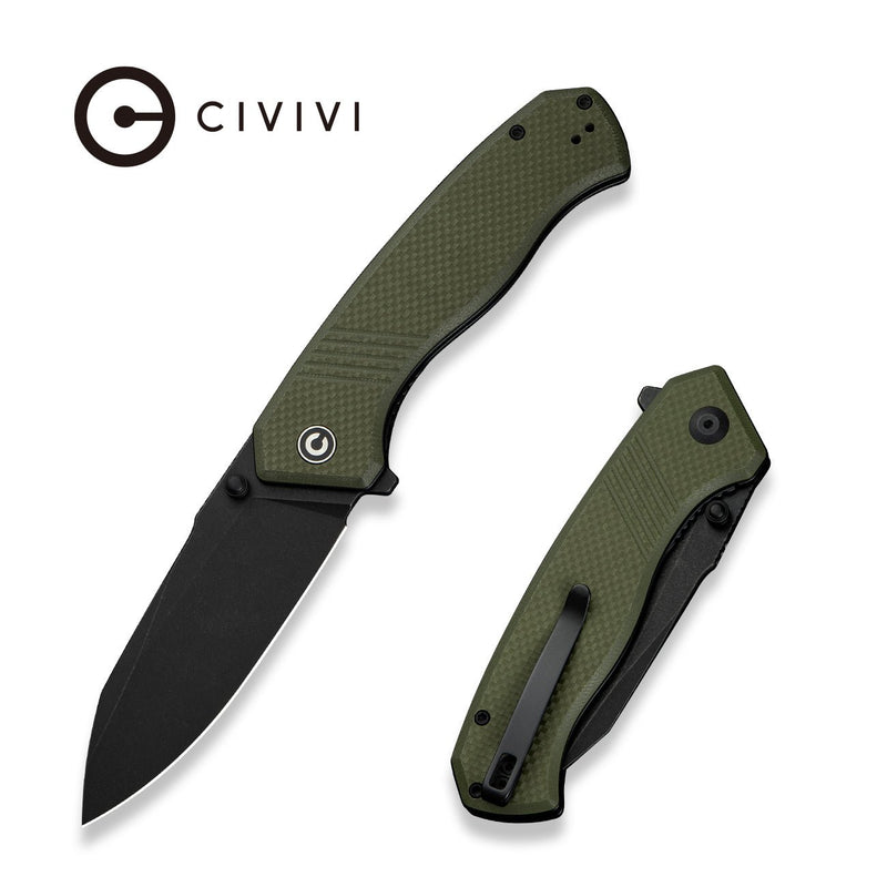 CIVIVI Placoid Flipper & Thumb Stud Knife OD Green Coarse G10 Handle (3.67" Black Stonewashed 14C28N Blade) C23079 - 3