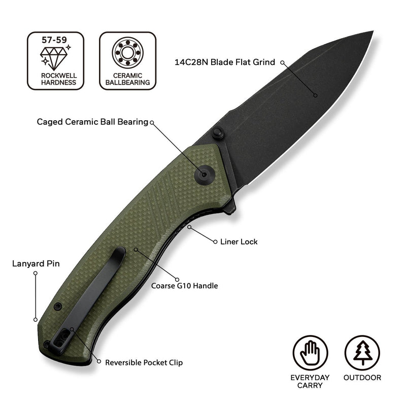 CIVIVI Placoid Flipper & Thumb Stud Knife OD Green Coarse G10 Handle (3.67" Black Stonewashed 14C28N Blade) C23079 - 3