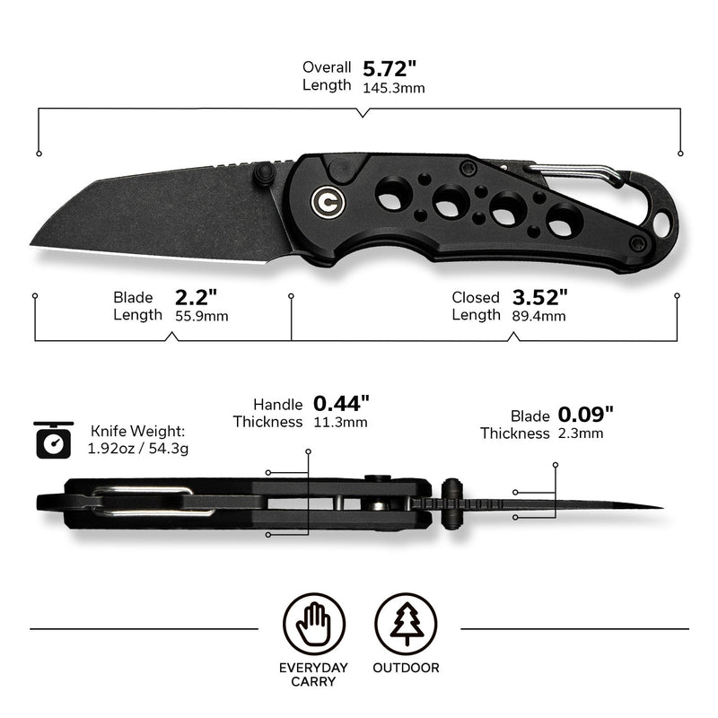 CIVIVI Pragma Thumb Stud & Button Lock Knife Aluminum Handle With S/S Carabiner & Bottle Opener (2.2" Nitro - V Blade) C23062B - 1