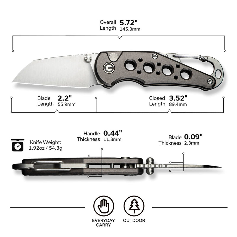 CIVIVI Pragma Thumb Stud & Button Lock Knife Aluminum Handle With S/S Carabiner & Bottle Opener (2.2" Nitro - V Blade) C23062B - 2