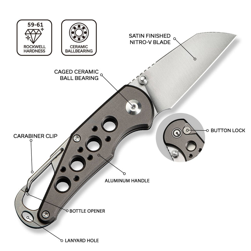 CIVIVI Pragma Thumb Stud & Button Lock Knife Aluminum Handle With S/S Carabiner & Bottle Opener (2.2" Nitro - V Blade) C23062B - 2