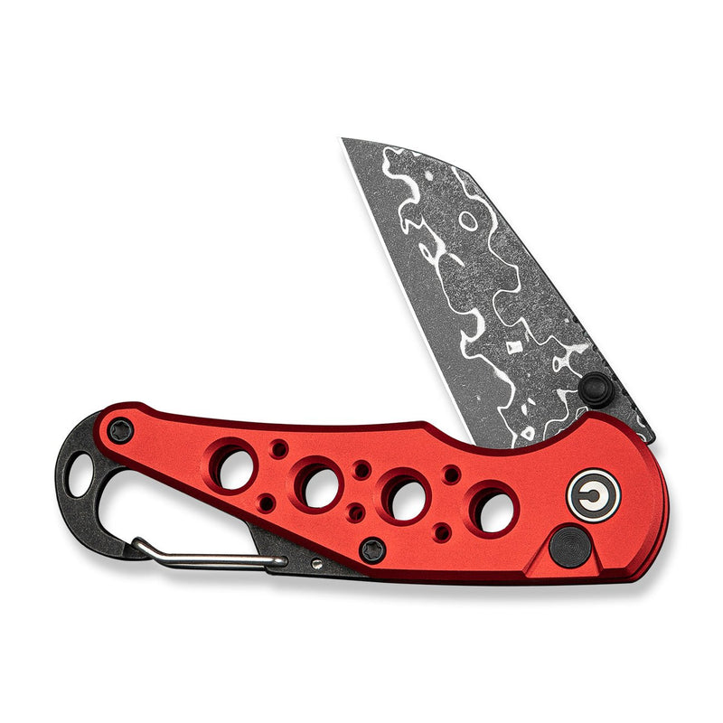 CIVIVI Pragma Thumb Stud & Button Lock Knife Red Aluminum Handle With S/S Carabiner And Bottle Opener (2.2" Damascus Blade) C23062B - DS1