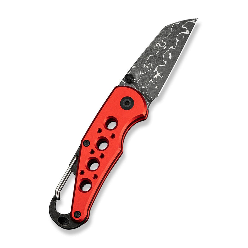 CIVIVI Pragma Thumb Stud & Button Lock Knife Red Aluminum Handle With S/S Carabiner And Bottle Opener (2.2" Damascus Blade) C23062B - DS1