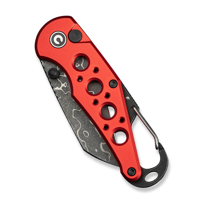 CIVIVI Pragma Thumb Stud & Button Lock Knife Red Aluminum Handle With S/S Carabiner And Bottle Opener (2.2" Damascus Blade) C23062B - DS1