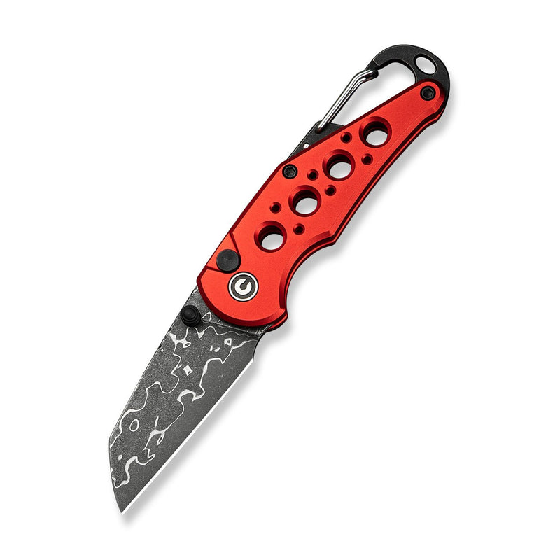 CIVIVI Pragma Thumb Stud & Button Lock Knife Red Aluminum Handle With S/S Carabiner And Bottle Opener (2.2" Damascus Blade) C23062B - DS1